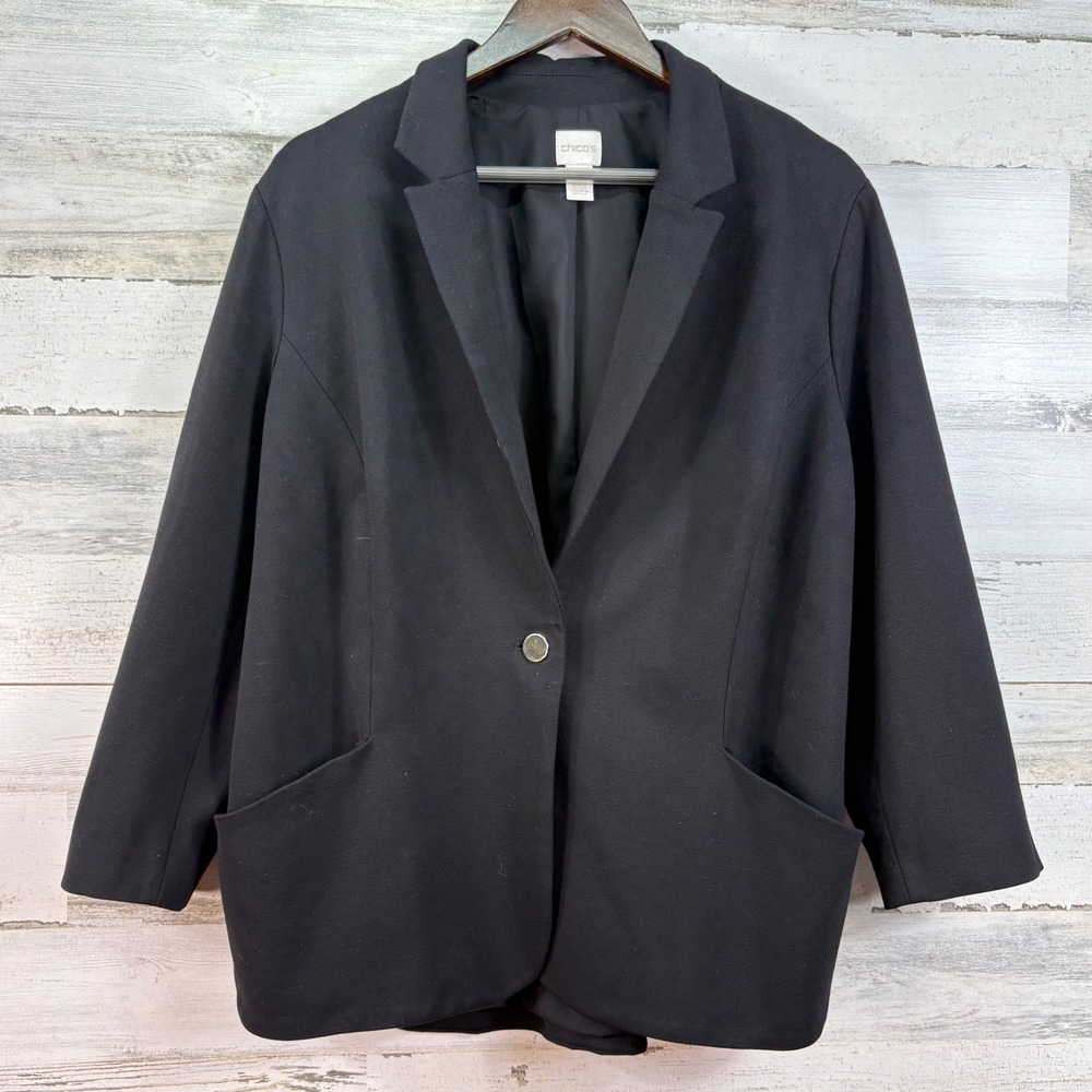 Chicos Black Ponte Knit Single Button Blazer Jacket Gold Hardware Size 3/US 16